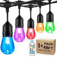 Shine Hai 48Ft Outdoor Rgb String Lights, Cafe Led String Lights With 15+2 Shatterproof Edison Bulbs, Remote Dimmable Commercial String Lights For Patio, Party, Backyard