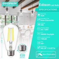 E26 Led Light Bulb E26 Standard Base, Golspark 6W 5000K Daylight Vintage E26 Led Edison Bulbs 60 Watt Equivalent, St58 Filament Type A Clear Light Bulbs For Fan Light, 85+Cri 700Lm Non-Dimmable 6 Pack