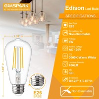 Vintage Led Edison Bulbs E26 Standard Base, Golspark 3000K Soft White 6W E26 Led Bulb 60 Watt Equivalent, Outdoor Antique St58 Filament Clear Glass Type A Light Bulb, 85+Cri, 6 Pack 700Lm Non-Dimmable