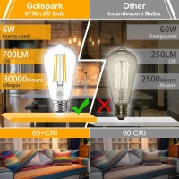 Vintage Led Edison Bulbs E26 Standard Base, Golspark 3000K Soft White 6W E26 Led Bulb 60 Watt Equivalent, Outdoor Antique St58 Filament Clear Glass Type A Light Bulb, 85+Cri, 6 Pack 700Lm Non-Dimmable