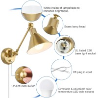 Trlife Dimmable Wall Sconce With Remote Control, Brushed Brass Plug In Wall Sconces Adjustable Color Temperature 2700K-6000K, Swing Arm Wall Lights With Plug In Cord, Ul Listed(2 Pack, 2 Bulbs)