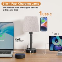 Acaxin Black Bedside Lamps For Bedrooms Set Of 2 - Table Nightstand Lamp With 3 Color Modes, Small Lamp With Usb C+A Charging Port And Ac Outlet, Mini Lamp For Side Table, Mini Bed Side Lamp For Kids