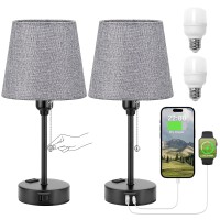 Acaxin Grey Bedside Lamps For Bedrooms Set Of 2 - Table Nightstand Lamp With 3 Color Modes, Small Lamp With Usb C+A Charging Port And Ac Outlet, Mini Lamp For Side Table, Mini Bed Side Lamp For Kids