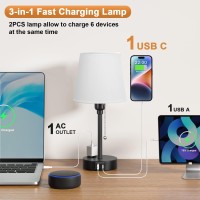 Bedside Lamps For Bedrooms Set Of 2 Nightstand - Table Lamp With 3 Color Modes 2700K-5000K, Small Lamp With Usb C+A Charging Port And Ac Outlet, White Lamp For Side Table, Mini Bed Side Lamp For Kids