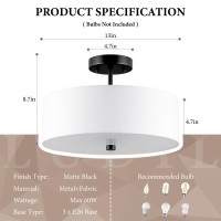 Ludil 3Light Semi Flush Mount Ceiling Light Fixture 13 Black Drum Light Modern Close To Ceiling Light With White Fabric Sha