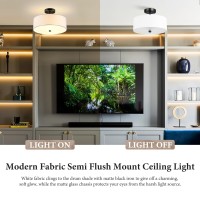 Ludil 3Light Semi Flush Mount Ceiling Light Fixture 13 Black Drum Light Modern Close To Ceiling Light With White Fabric Sha