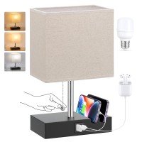 Kakanuo Usb Table Lamp For Bedroom With 3-Color Temperatures Brightness, Dimmable Bedside Nightstand Lamp With Usb-C, Usb-A Charging Ports And Phone Slots, Desk Lamp For Office, Led Bulb Included