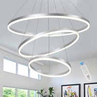 Xgzl Lighting 3Rings D315 Modern Led Chandelier Silver Dimmable Pendant Lighting With Remote Control Circular Flush Mount Hi