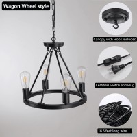 4-Light Plug In Chandelier,Wagon Wheel Style,Black Round Metal Chandelier,Hanging Light With 16.5Ft Cord,On/Off Switch,Modern Industrial Look Outdoor Light Fixture For Gazebo,Bedroom,Dining Room