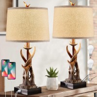 Touch Rustic Deer Antler Table Lamps Set Of 2 For Living Room 3 Way Dimmable Farmhouse Bedside Lamps With 2 Usb Ports Hunting Th