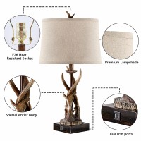 Touch Rustic Deer Antler Table Lamps Set Of 2 For Living Room 3 Way Dimmable Farmhouse Bedside Lamps With 2 Usb Ports Hunting Th