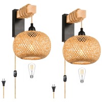 Rattan Wall Sconces Set Of Two Plug In Farmhouse Plug In Wall Sconces Hand Woven Bamboo Wall Light Fixtures With Switch Rustic B