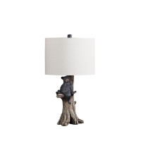 25 Inch Accent Table Lamp, Hardback Fabric Shade, Bear Accent, Black, White