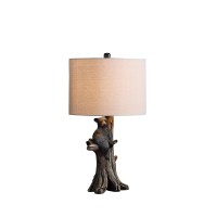 25 Inch Accent Table Lamp, Hardback Fabric Shade, Bear Accent, Black, White