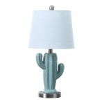 22 Inch Accent Table Lamp, Cactus Designed Body, Metal Base, Blue, White