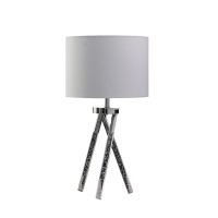 27 Inch Accent Table Lamp, Hardback Fabric Drum Shade, White, Silver Chrome