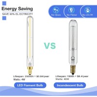 Leools E12 Led Long Bulb,7.3 Inch Long Tubular Light Bulbs,T6 B11 Candelabra Bulb 40 Watt For Chandeliers,Clear Glass,Daylight,4000K 400Lm 4W Dimmable Tube Edison Bulb 6Pack