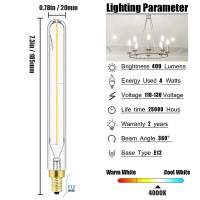 Leools E12 Led Long Bulb,7.3 Inch Long Tubular Light Bulbs,T6 B11 Candelabra Bulb 40 Watt For Chandeliers,Clear Glass,Daylight,4000K 400Lm 4W Dimmable Tube Edison Bulb 6Pack