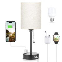 Small Bedside Lamps 3 Color Modes - Off White 2700K 3500K 5000K Bedroom Lamps With Usb C And A Ports, Pull Chain Table Lamps With Ac Outlet, Nightstand Lamps With Black Metal Base For Kids Reading