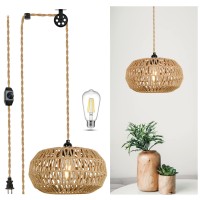 Rattan Plug In Pendant Light With Led Bulb&Pulley, Boho Hanging Lights With Plug In Cord 15Ft, Wicker Woven Chandelier Light Fixtures With Dimmer Switch For Bedroom Living Dinning Room Kitchen