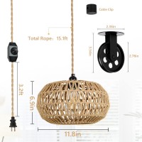 Rattan Plug In Pendant Light With Led Bulb&Pulley, Boho Hanging Lights With Plug In Cord 15Ft, Wicker Woven Chandelier Light Fixtures With Dimmer Switch For Bedroom Living Dinning Room Kitchen