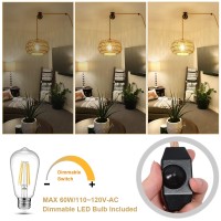 Rattan Plug In Pendant Light With Led Bulb&Pulley, Boho Hanging Lights With Plug In Cord 15Ft, Wicker Woven Chandelier Light Fixtures With Dimmer Switch For Bedroom Living Dinning Room Kitchen