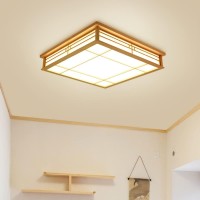 Tfcfl 18 Inch Wood Led Ceiling Light Japanese Style, Vintage Square Ceiling Lamp Light Fixture White/Neutral/Warm Light Dimming Remote For Dining Living Room Bedroom Balcony