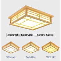 Tfcfl 18 Inch Wood Led Ceiling Light Japanese Style, Vintage Square Ceiling Lamp Light Fixture White/Neutral/Warm Light Dimming Remote For Dining Living Room Bedroom Balcony