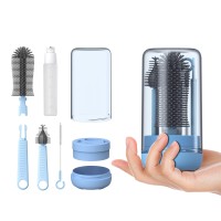 Vogoge Travel Bottle Brush Set With Stand Portable Baby Bottle Cleaning Kit Includes Nipple Brush And Straw Cleaner Brush Blue