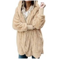 Womens Hooded Jackets Zip Up Warm Sherpa Jacket Long Sleeve Casual Fuzzy Fleece Outwear Coat With Pockets Beige Large