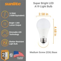 Sunlite 41782 Led A19 Super Bright Light Bulb, Dimmable 14 Watt (100W Equivalent), 1500 Lumens, Medium (E26) Base, Ul Listed, 12 Count, 2700K Warm White