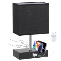 Kakanuo Nightstand Lamp For Bedroom With Usb C Ports, Small Dimmable Usb Bedside Table Lamp With 2 Usb Charging Ports And Phone Stands, Black Desk Lamp For Living Room, Led Bulb Included