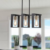 9Mmml 3 Lights Kitchen Island Lighting, Modern Rectangle Linear Pendant Light, Black Frame+ Gold Socket Chandelier For Dining &Living Room Foyer Entryway Hallway,E26,Height Adjustable.