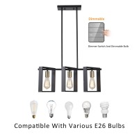 9Mmml 3 Lights Kitchen Island Lighting, Modern Rectangle Linear Pendant Light, Black Frame+ Gold Socket Chandelier For Dining &Living Room Foyer Entryway Hallway,E26,Height Adjustable.