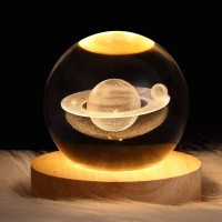 Dniebw 3D Saturn Crystal Ball Night Light Glass Ball Night Lamp With Wooden Base Fantasy Decoration Crsytal Ball Saturn Led Gala