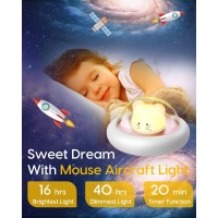 Amaredom Night Light For Kids With 3 Color Changing Mode, Rechargeable Led Night Light With 20 Minutes Timer & Press Control, Cute Mouse Spaceship Light - Blue