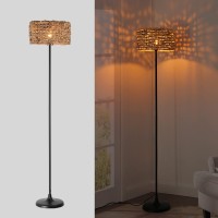 Unique Farmhouse Floor Lamp For Living Room, Bedroom And Office, Original Handmade Water Lettuce Rattan Shade Tall Standing Light Black , Modern Vintage Rustic Rural D?Or(No Bulbs)