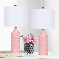 Ceramic Table Lamps Set Of 2 Pink Modern Bedside Lamp 25 Nightstand Lamp 3Way Dimmable Lamp For Bedroom Living Room End Tabl