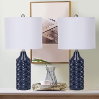 Qingmiao Modern Ceramic Table Lamp Set Of 2 Navy Blue With Diamond Protrusions Texture 25 Nightstand Lamp For Bedroom Livi