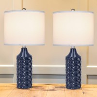 Qingmiao Modern Ceramic Table Lamp Set Of 2 Navy Blue With Diamond Protrusions Texture 25 Nightstand Lamp For Bedroom Livi