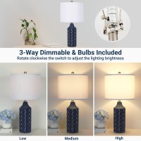 Qingmiao Modern Ceramic Table Lamp Set Of 2 Navy Blue With Diamond Protrusions Texture 25 Nightstand Lamp For Bedroom Livi