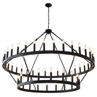 Yikrfiae Black Wagon Wheel Chandelier 2 Tier 54-Lights 60 Inch Extra Large Farmhouse Pendant Light Fixture, Round Rustic Hanging Lighting For Dining Room Kitchen Island Foyer Entryway