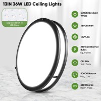 Tobusa 36W 3600Lm Super Bright Led Ceiling Light Fixtures Modern Black Flush Mount Ceiling Lights Daylight White 5000K 13 Inch