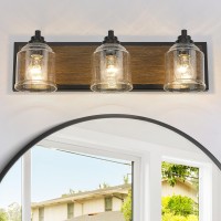 Yklitg Farmhouse 23 Inch Bathroom Vanity Light 3Light Dark Wood Bathroom Vanity Light Fixture With Seeded Glass Shades Vanity