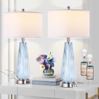 Modern Table Lamp Set Of 2 Touch Control 27 Tall Faded Swirl Blue Gray Art Glass Bedside Lamp With Usb Ports 3Way Dimmable