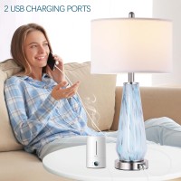 Modern Table Lamp Set Of 2 Touch Control 27 Tall Faded Swirl Blue Gray Art Glass Bedside Lamp With Usb Ports 3Way Dimmable