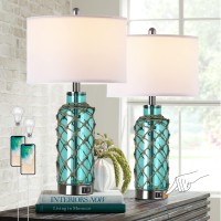 Cottage Nautical Accent Table Lamp Set Of 2 Touch Control Coastal Blue Green Glass Rope Net Bedside Lamp With 2 Usb Ports 3Wa