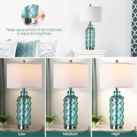 Cottage Nautical Accent Table Lamp Set Of 2 Touch Control Coastal Blue Green Glass Rope Net Bedside Lamp With 2 Usb Ports 3Wa