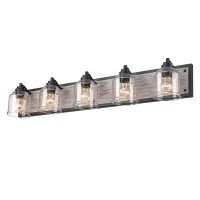 Yklitg 40 Inch Farmhouse Bathroom Vanity Light 5Light Dark Wood Bathroom Vanity Light Fixture With Seeded Glass Shades Vanity