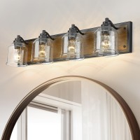 Yklitg 315 Inch Farmhouse Bathroom Vanity Light Fixture 4Light Dark Wood Rustic Vanity Light With Seeded Glass Shades For Bat